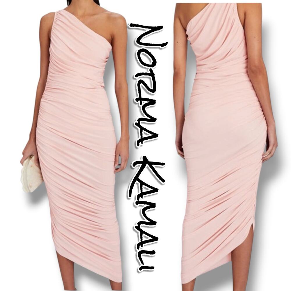 Norma Kamali Diana Dress Pink One Shoulder Asymmetrical Midi Built-In Bodysuit M